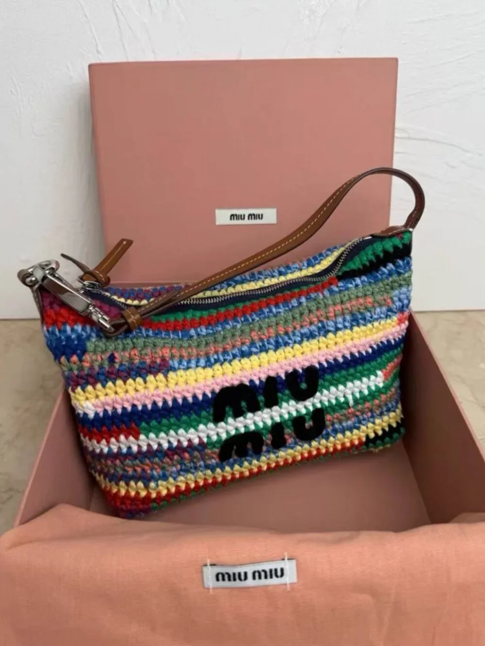 Miu Miu Rainbow Striped Knit Raffia Shoulder Bag